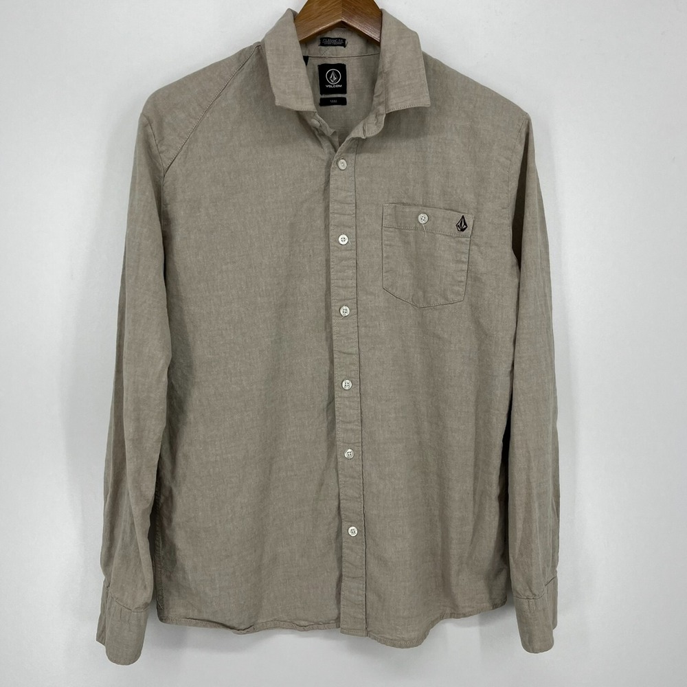 Volcom Mens Classic Fit Button Up Shirt Tan Long Sleeve Cotton Size M